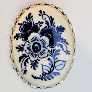 Vintage Porcelain Brooch Blue and White Floral Pin